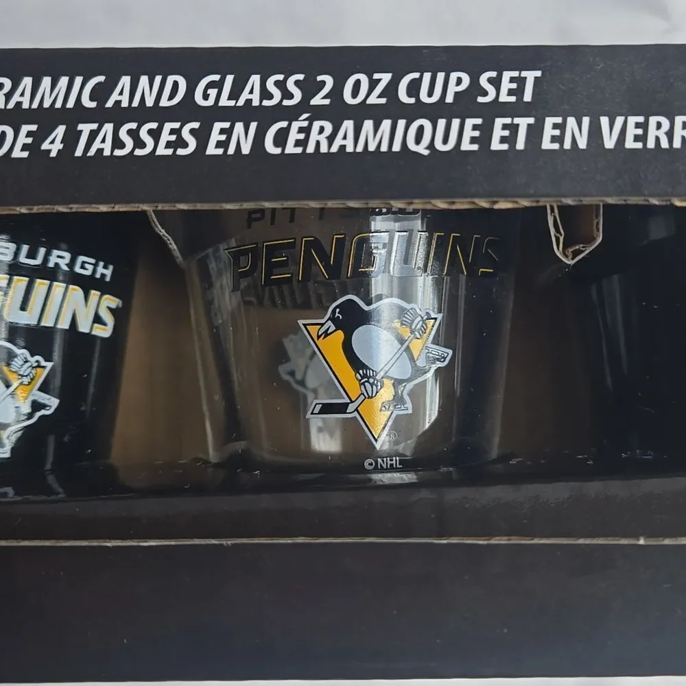 Pittsburgh Penguins Ceramic and Glass 2 Ounce Shot Glass Set, Set Of 4 - NEW